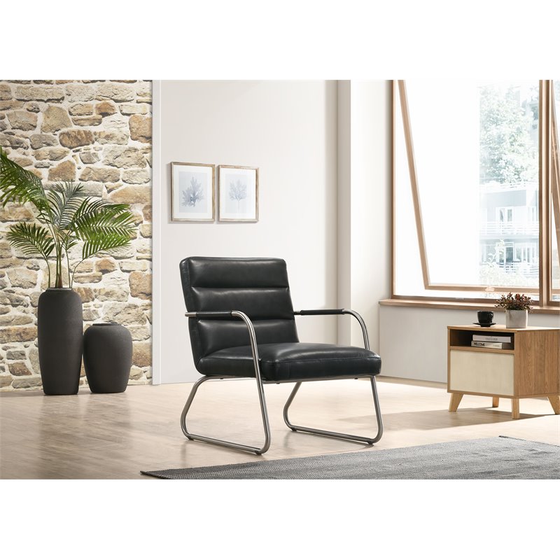 Omax Decor Spencer Stainless Steel/Leather Lounge Accent Chair in Black