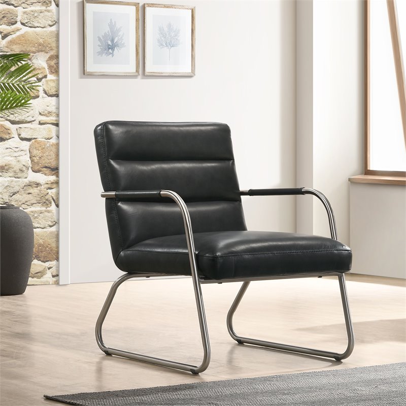 Omax Decor Spencer Stainless Steel/Leather Lounge Accent Chair in Black