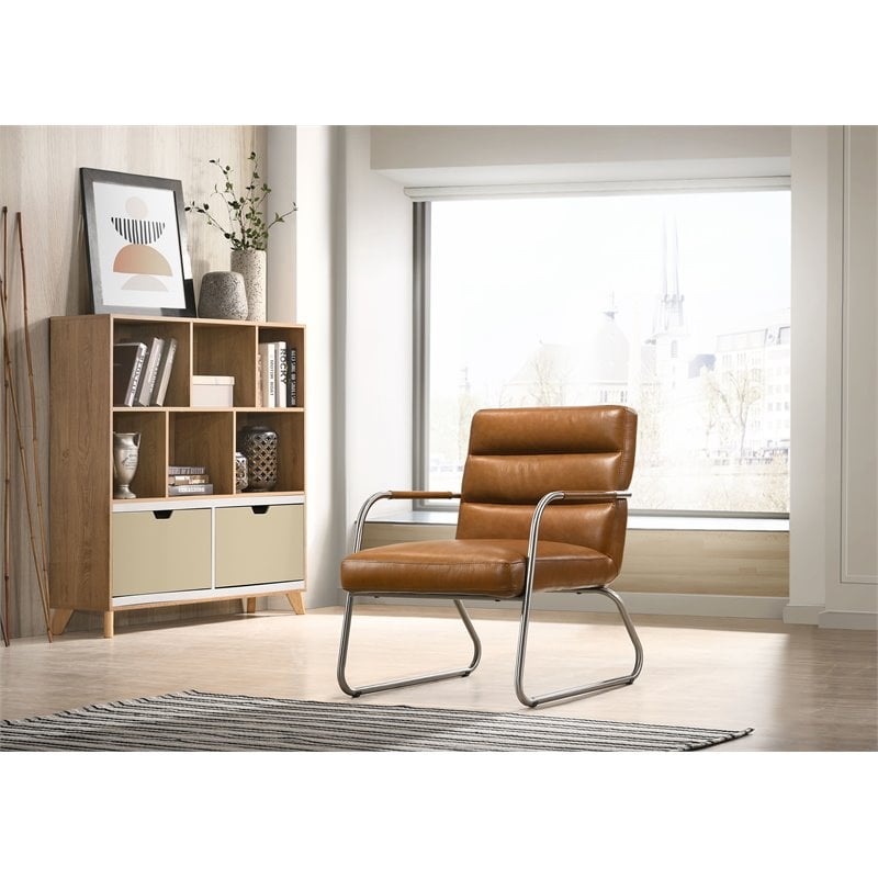Omax Decor Spencer Stainless Steel/Leather Lounge Accent Chair in Caramel
