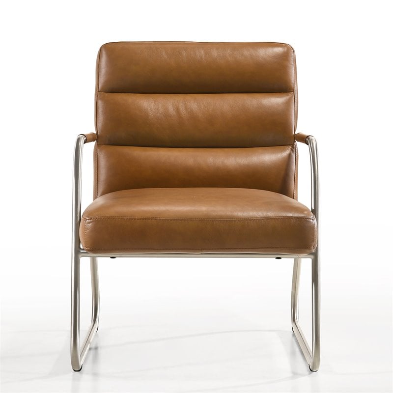 Omax Decor Spencer Stainless Steel/Leather Lounge Accent Chair in Caramel