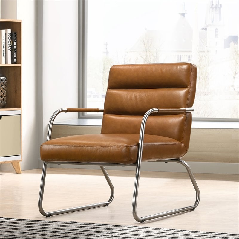 Omax Decor Spencer Stainless Steel/Leather Lounge Accent Chair in Caramel