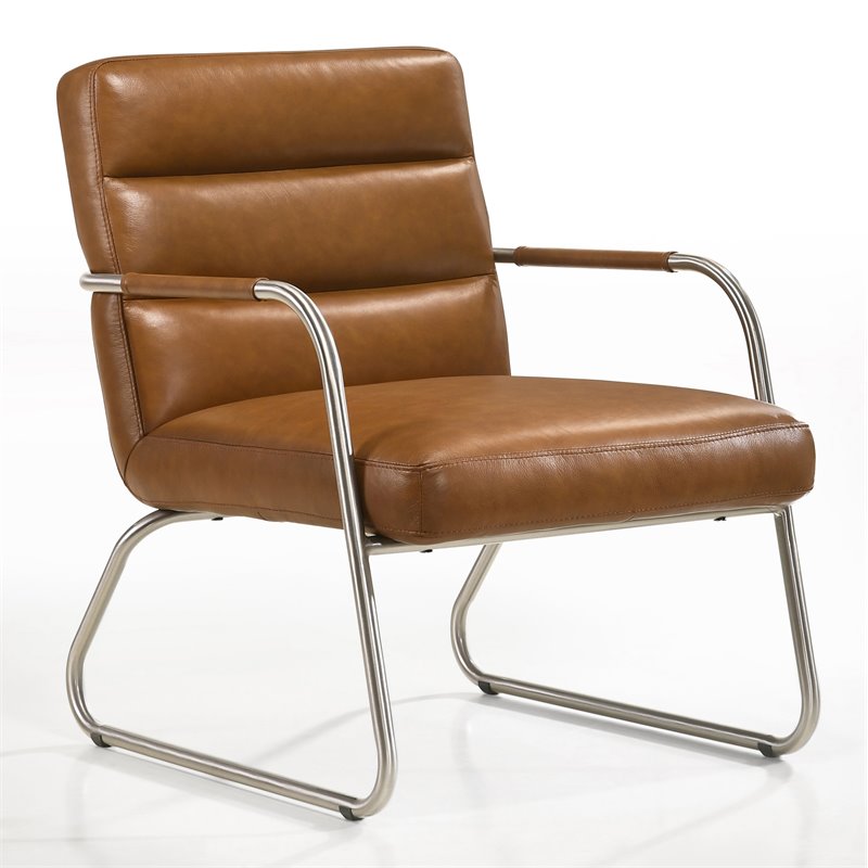 Omax Decor Spencer Stainless Steel/Leather Lounge Accent Chair in Caramel