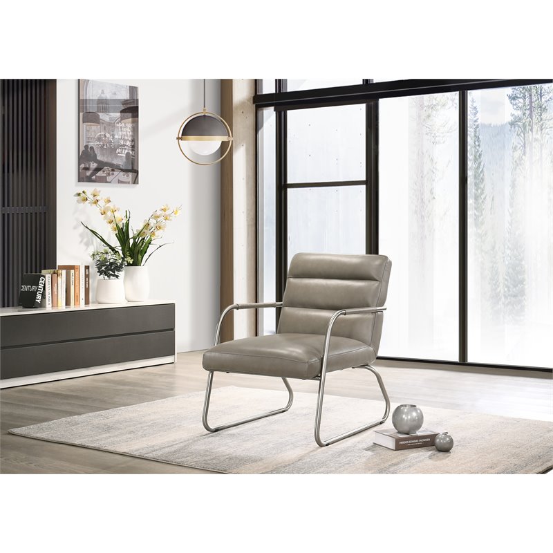 Omax Decor Spencer Stainless Steel/Leather Lounge Accent Chair in Gray
