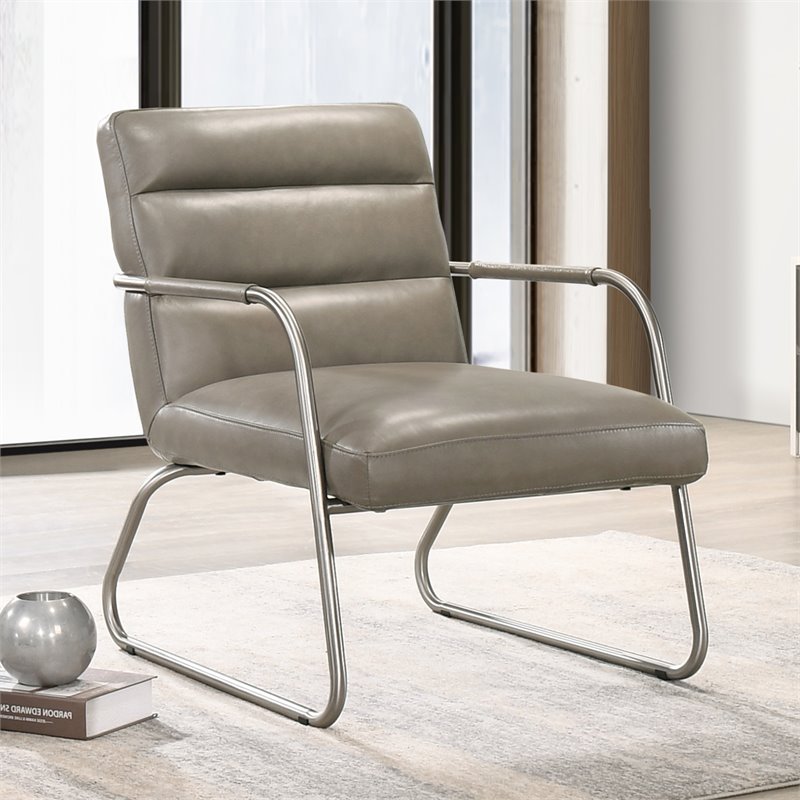 Omax Decor Spencer Stainless Steel/Leather Lounge Accent Chair in Gray