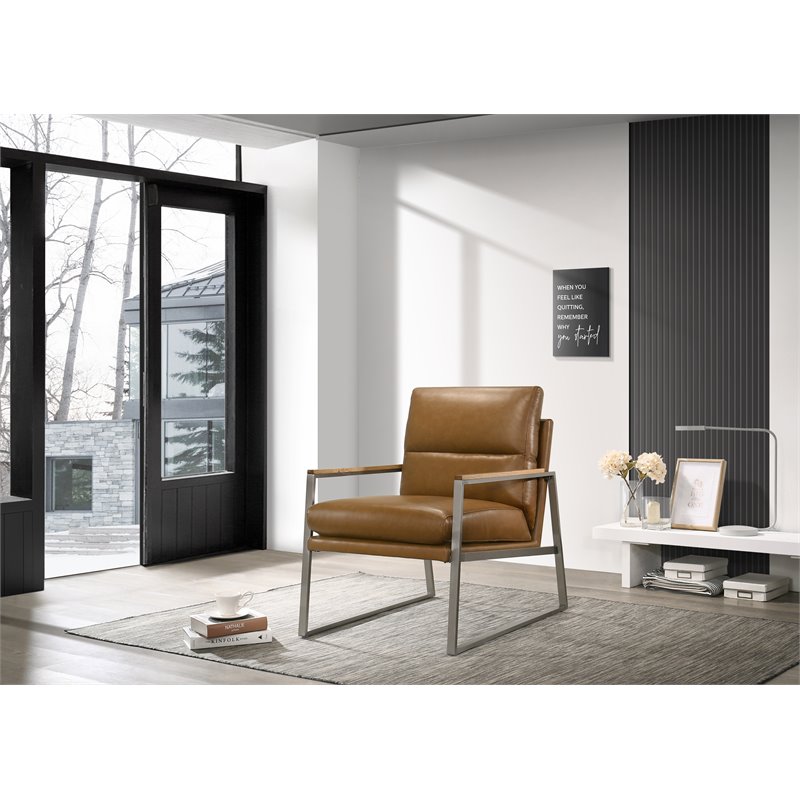 Omax Decor Colin Stainless Steel & Genuine Leather Accent Chair in Caramel