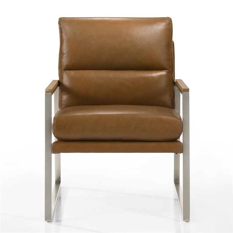 Omax Decor Colin Stainless Steel & Genuine Leather Accent Chair in Caramel