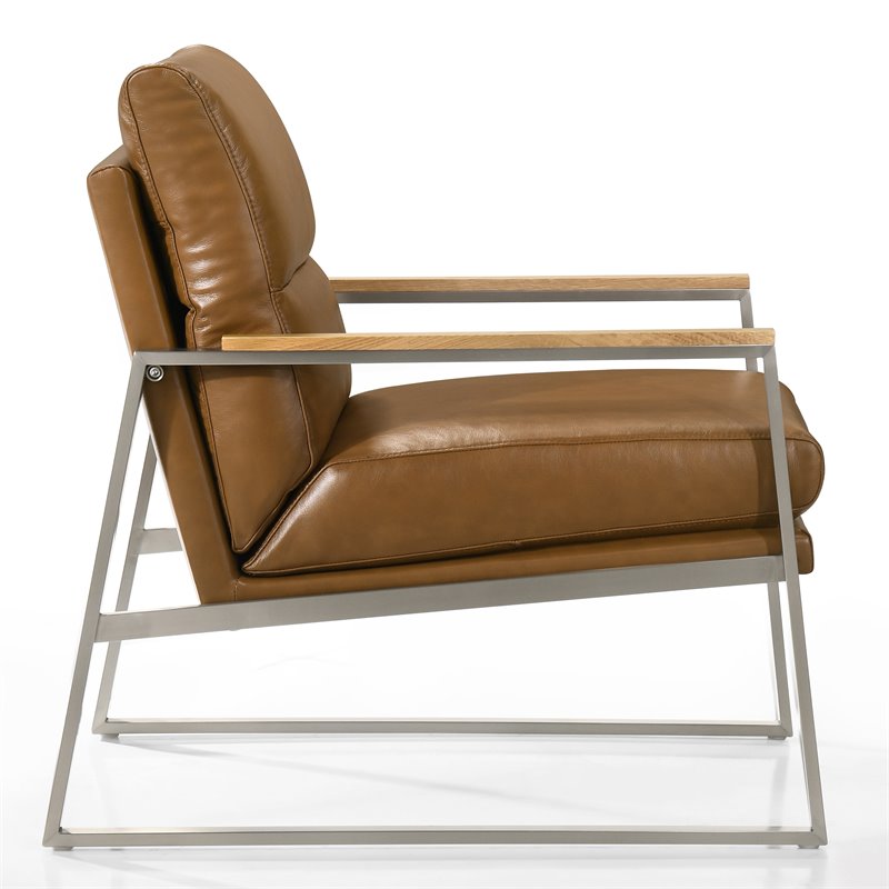 Omax Decor Colin Stainless Steel & Genuine Leather Accent Chair in Caramel