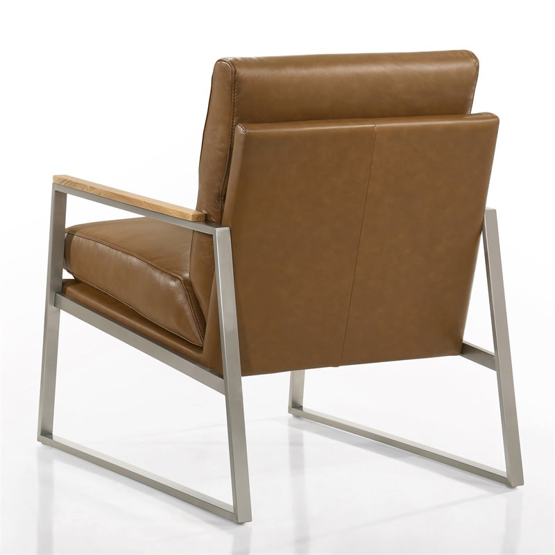 Omax Decor Colin Stainless Steel & Genuine Leather Accent Chair in Caramel
