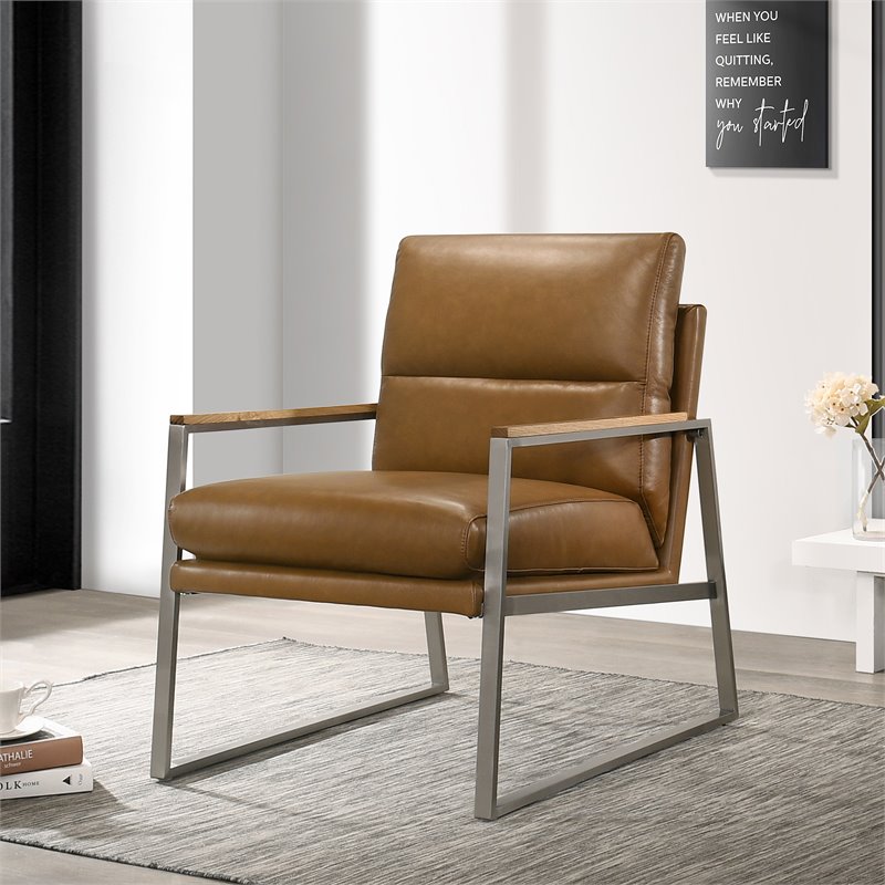 Omax Decor Colin Stainless Steel & Genuine Leather Accent Chair in Caramel