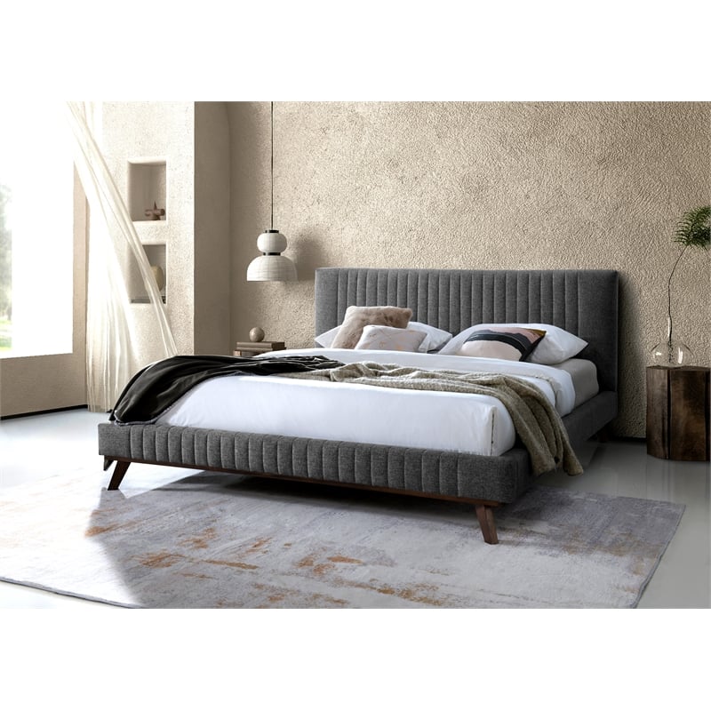 Omax Decor Sven Wood and Fabric Upholstered King Platform Bed in Dark Gray