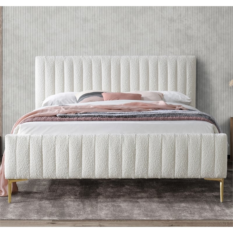 Omax Decor Julia Wood and Fabric Upholstered Queen Platform Bed in White Boucle