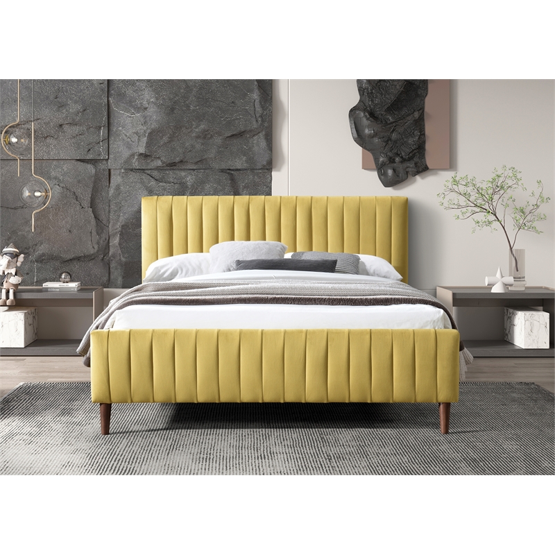Omax Decor Spencer Wood/Fabric Upholstered Queen Platform Bed in Gold Velvet