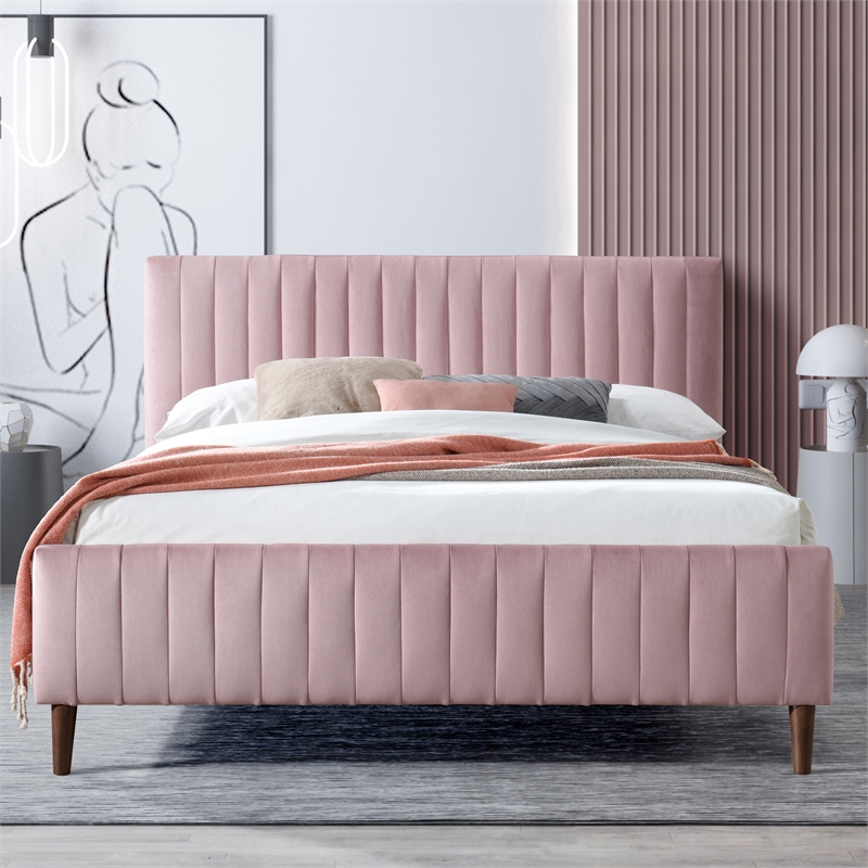 Omax Decor Spencer Upholstered Queen Platform Bed in Blush Pink Velvet
