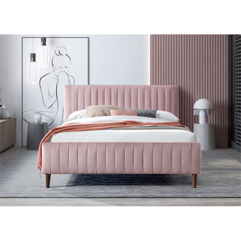 Omax Decor Spencer Upholstered Queen Platform Bed in Blush Pink Velvet