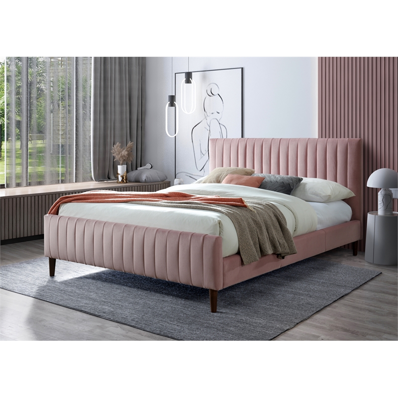 Omax Decor Spencer Upholstered Queen Platform Bed in Blush Pink Velvet