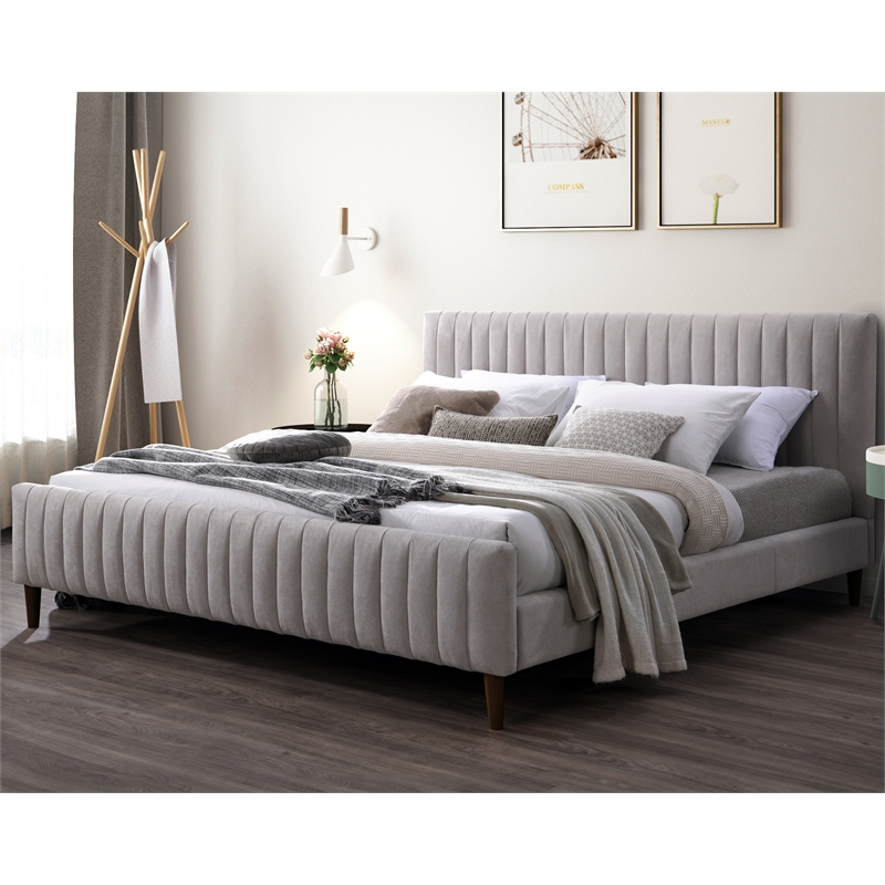 Omax Decor Spencer Upholstered Mid-Century Fabric King Platform Bed in Gray