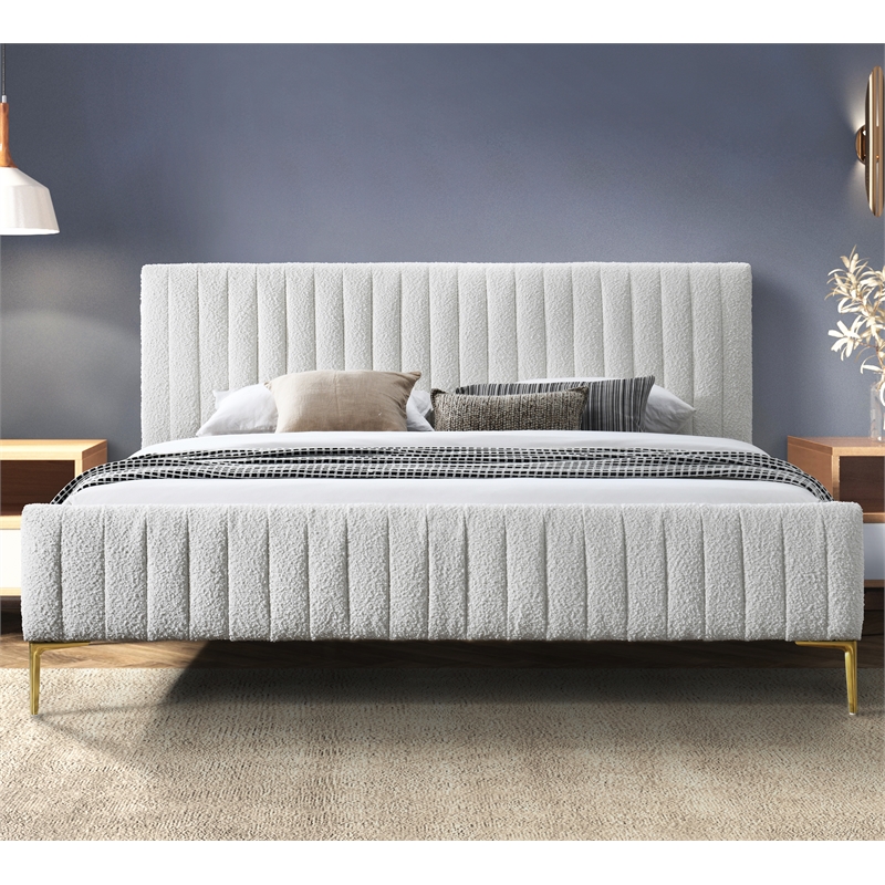 Omax Decor Julia Upholstered Modern Fabric King Platform Bed in White Boucle