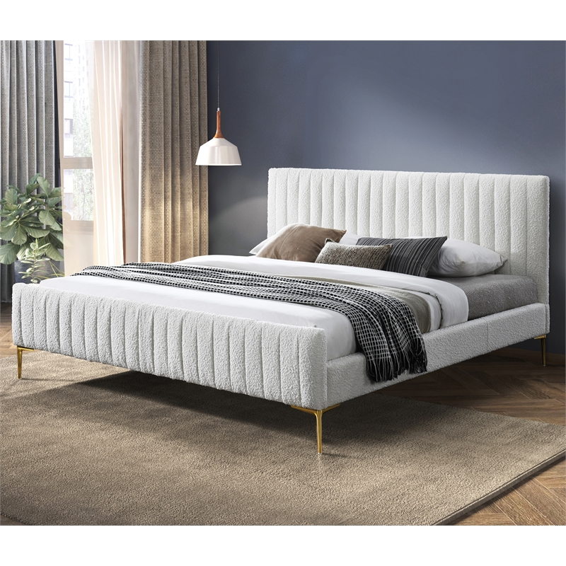 Omax Decor Julia Upholstered Modern Fabric King Platform Bed in White Boucle