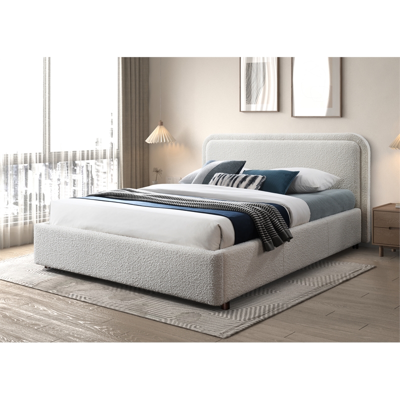 Omax Decor Chloe Upholstered Platform Queen Bed in White Boucle Fabric