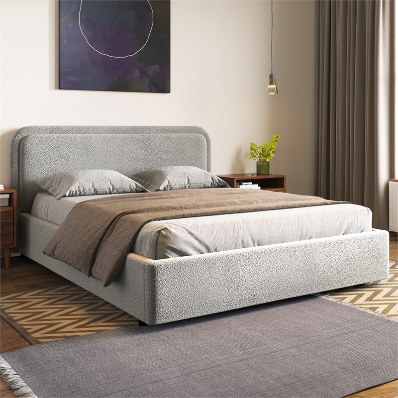 Omax Decor Chloe Upholstered Platform Queen Bed in Gray Boucle Fabric