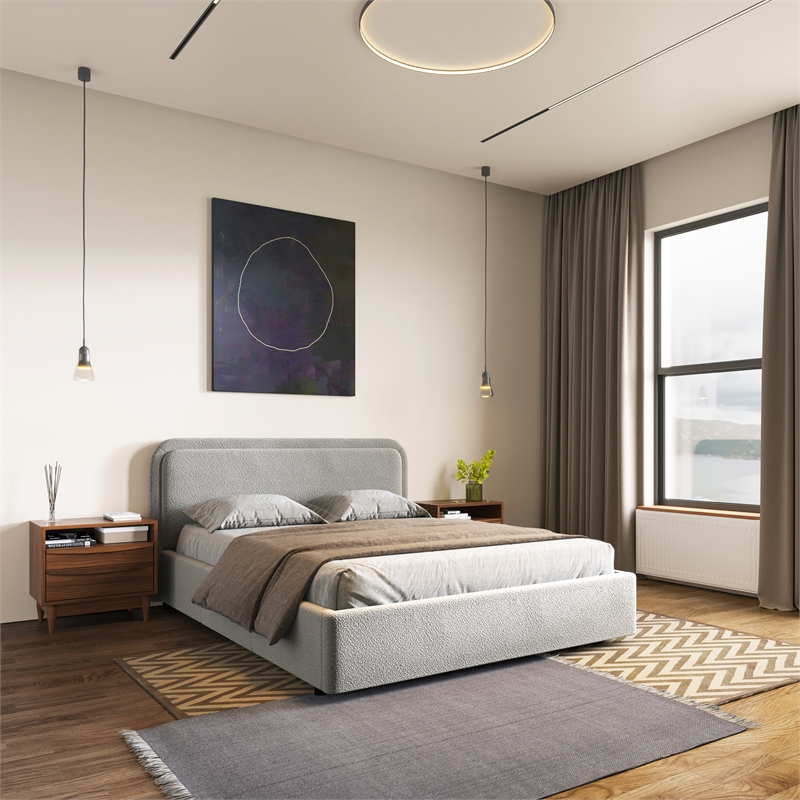 Omax Decor Chloe Upholstered Platform Queen Bed in Gray Boucle Fabric