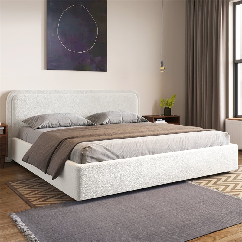 Omax Decor Upholstered Platform King Bed in White Boucle Fabric