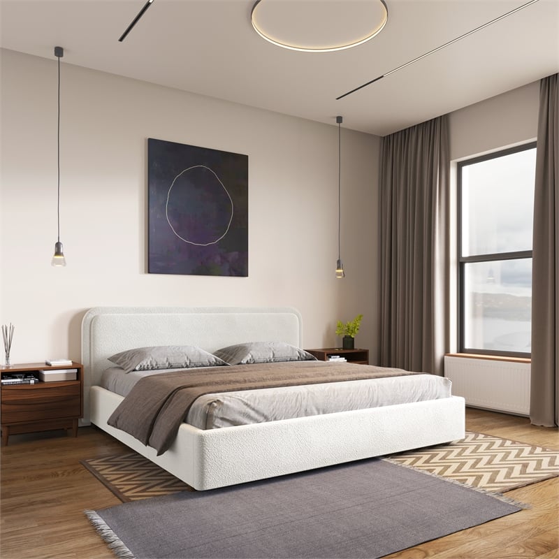 Omax Decor Upholstered Platform King Bed in White Boucle