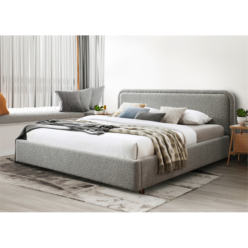 Omax Decor Chloe Upholstered Platform King Bed in Gray Boucle Fabric