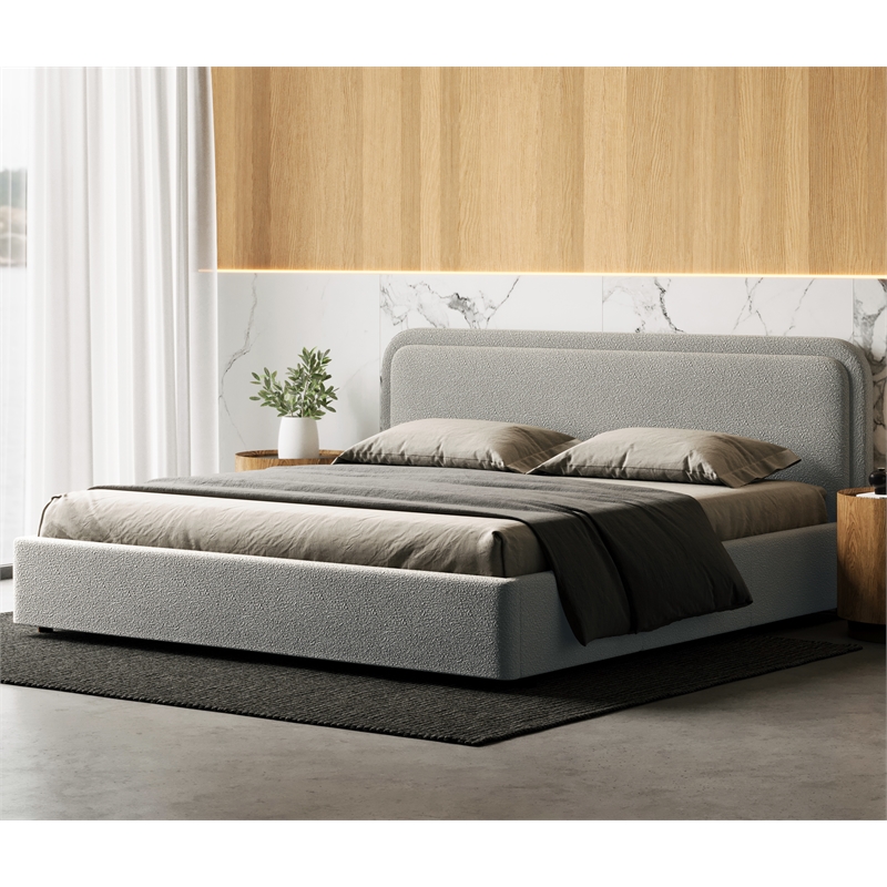 Omax Decor Chloe Upholstered Platform King Bed in Gray Boucle Fabric