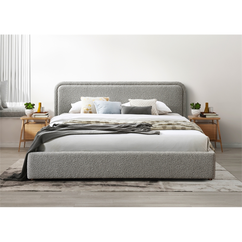 Omax Decor Chloe Upholstered Platform King Bed in Gray Boucle Fabric
