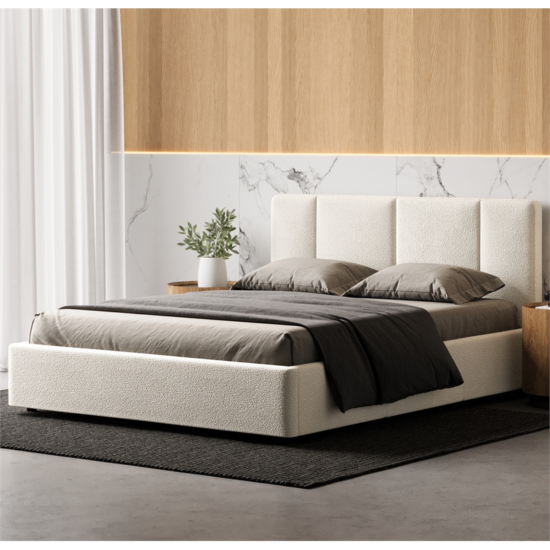 Omax Decor Venice Upholstered Platform Queen Bed in Cream Beige Boucle Fabric