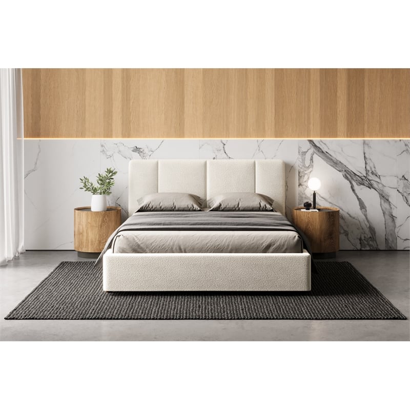 Omax Decor Venice Upholstered Platform Queen Bed in Cream Beige Boucle Fabric