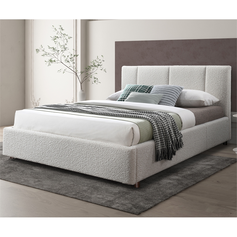 Omax Decor Venice Upholstered Platform Queen Bed in Cream Beige Boucle Fabric