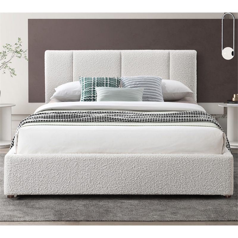 Omax Decor Venice Upholstered Platform Queen Bed in Cream Beige Boucle Fabric