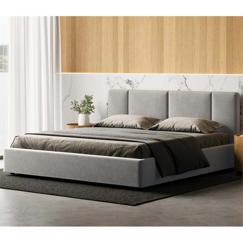 Omax Decor Venice Upholstered Platform King Bed in Gray Boucle Fabric