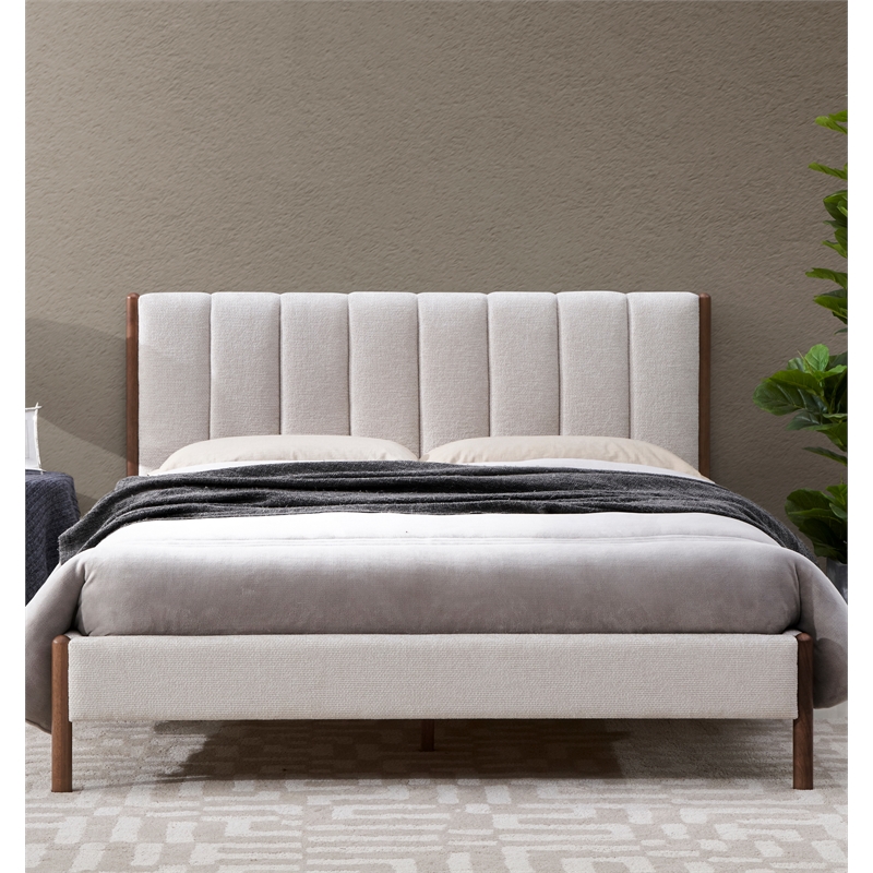 Omax Decor Exton Upholstered Platform Queen Bed in Cream Fabric