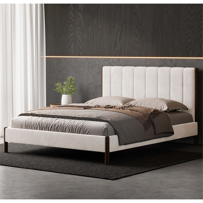 Omax Decor Exton Upholstered Platform Queen Bed in Cream Fabric
