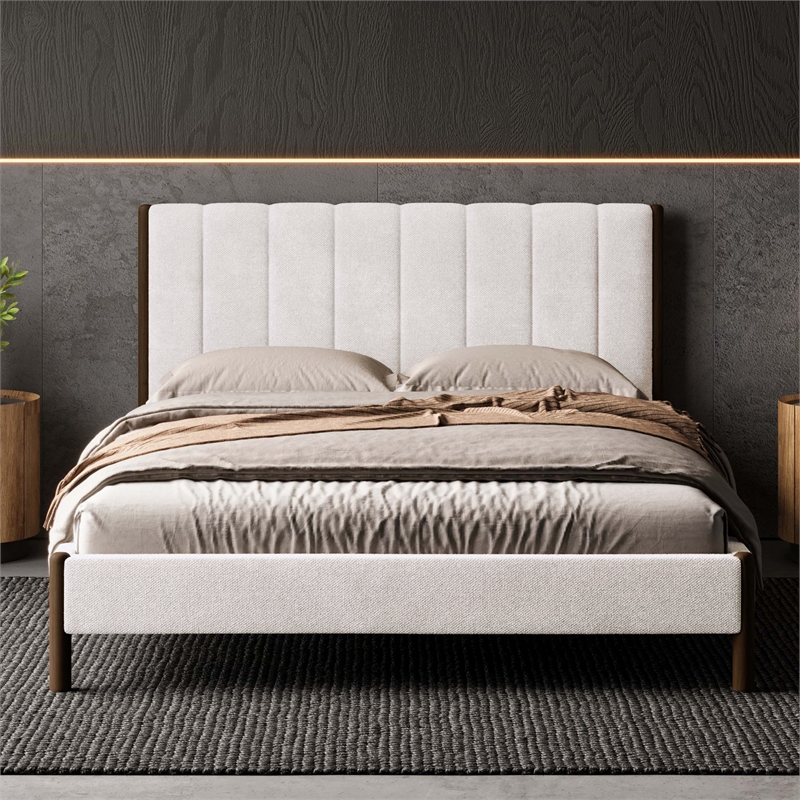 Omax Decor Exton Upholstered Platform Queen Bed in Cream Fabric