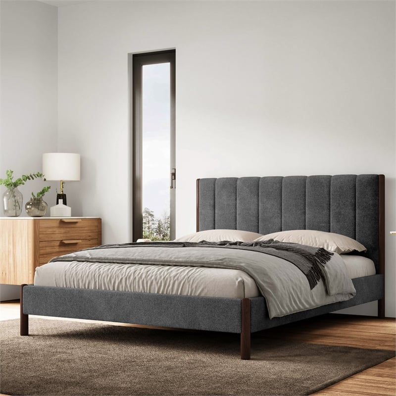 Omax Decor Exton Upholstered Platform Queen Bed in Dark Gray Fabric