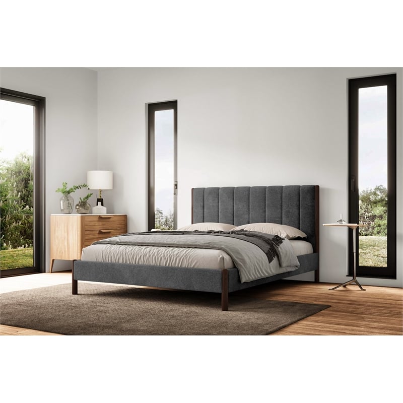 Omax Decor Exton Upholstered Platform Queen Bed in Dark Gray Fabric