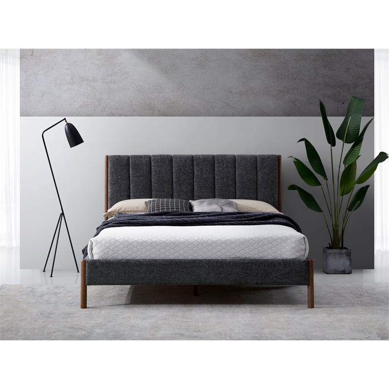 Omax Decor Exton Upholstered Platform Queen Bed in Dark Gray Fabric