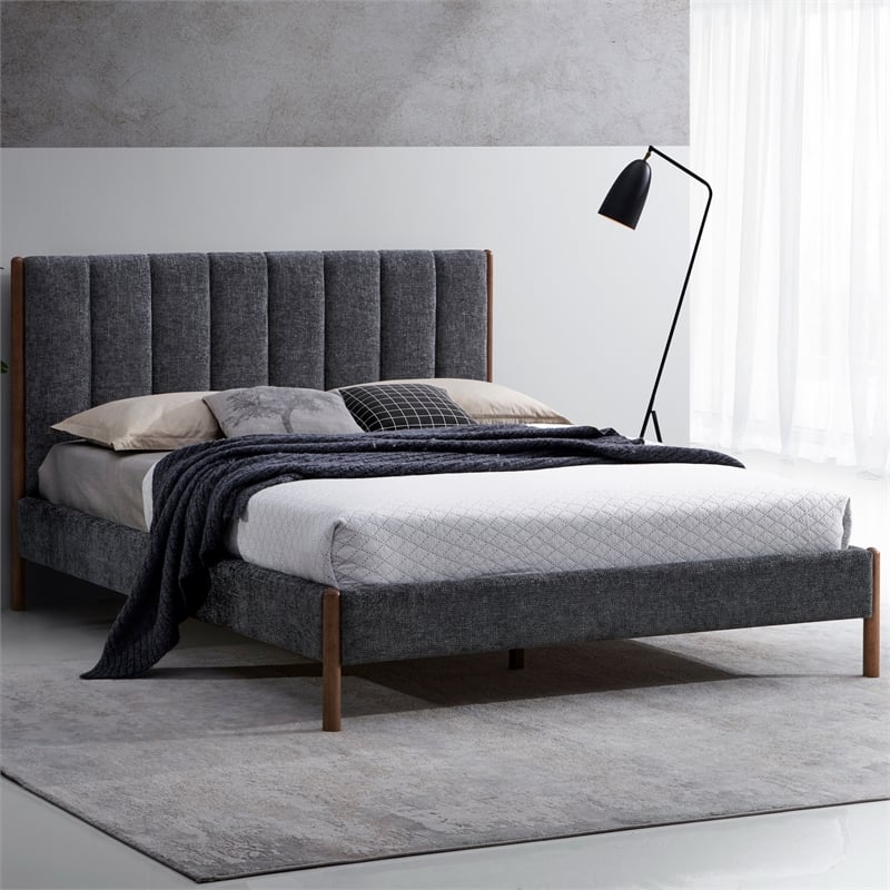 Omax Decor Exton Upholstered Platform Queen Bed in Dark Gray Fabric