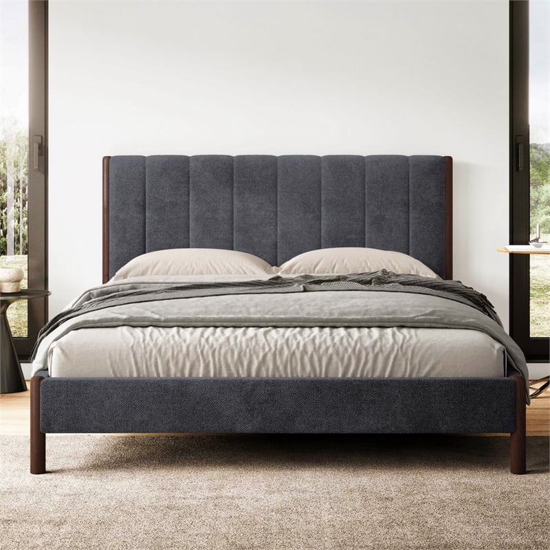 Omax Decor Exton Upholstered Platform Queen Bed in Dark Gray Fabric