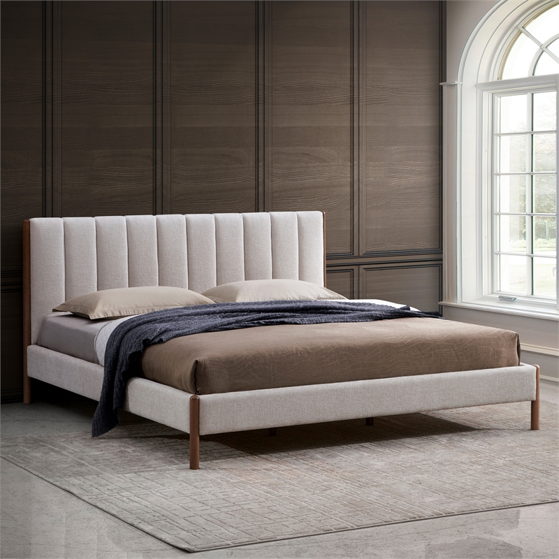 Omax Decor Exton Upholstered Platform King Bed in Cream Fabric