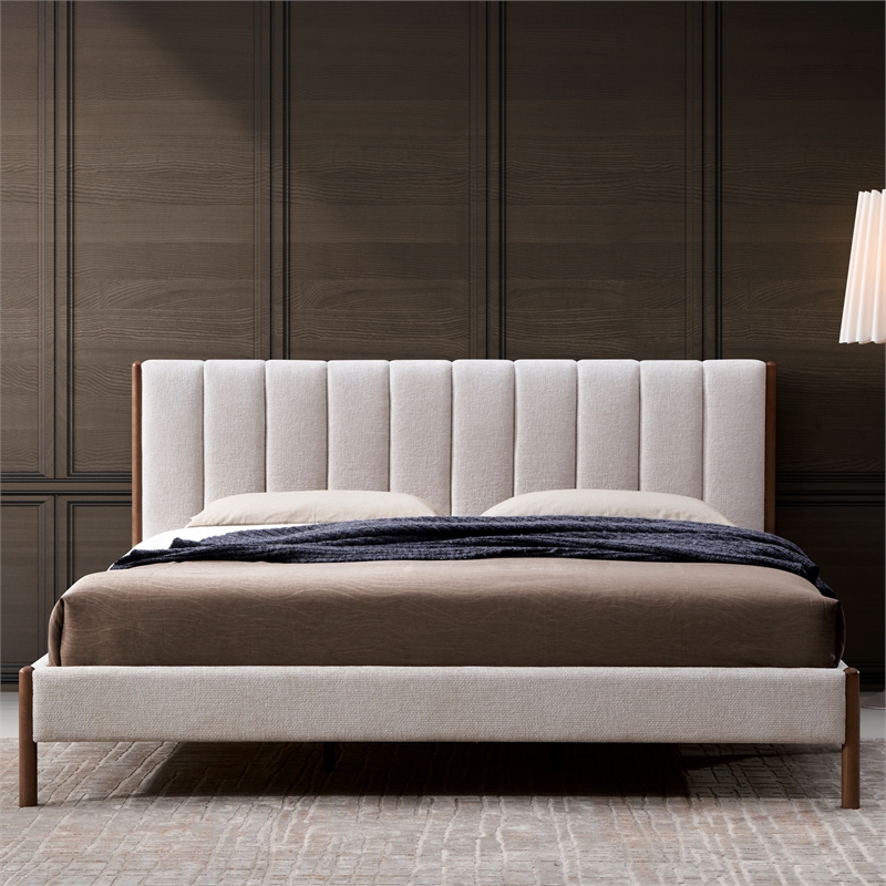 Omax Decor Exton Upholstered Platform King Bed in Cream Fabric