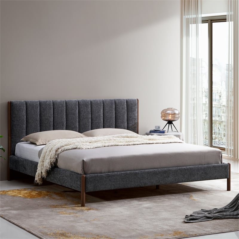 Omax Decor Exton Upholstered Platform King Bed in Dark Gray Fabric