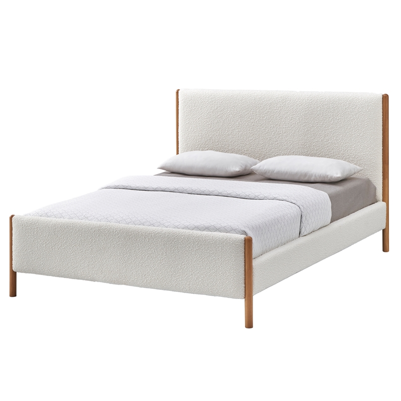 Omax Decor Liana Upholstered Platform Queen Bed in White Boucle Fabric