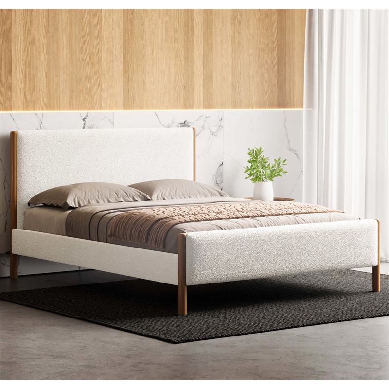 Omax Decor Liana Upholstered Platform Queen Bed in White Boucle Fabric