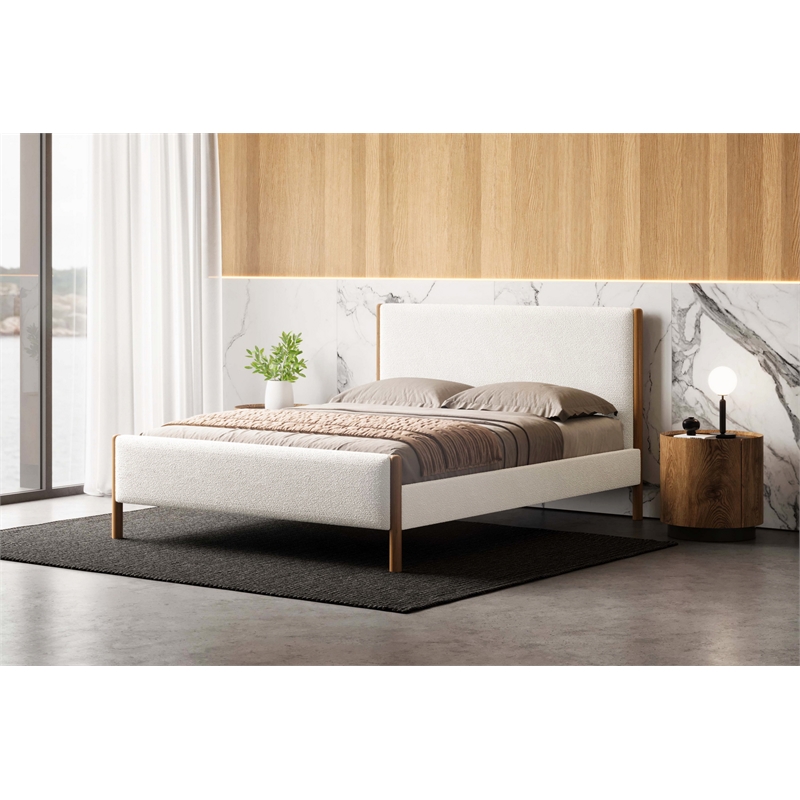Omax Decor Liana Upholstered Platform Queen Bed in White Boucle Fabric