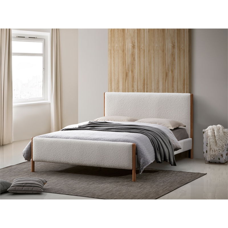 Omax Decor Liana Upholstered Platform Queen Bed in White Boucle Fabric